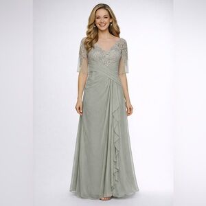 New Sage Green Lace Chiffon Maxi Dress | Illusion Neckline (new without tags)